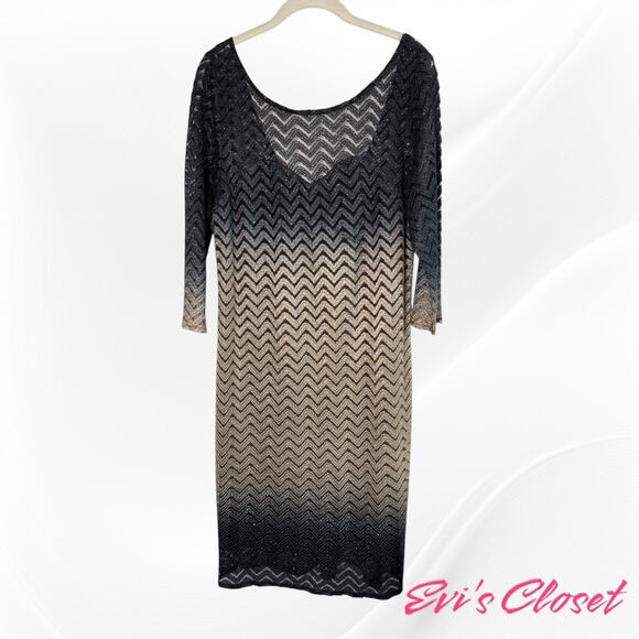 NW Night Way Vintage Sparkling Sequins Chevron Midi Dress Low Back Lining Sz 14W - Picture 1 of 13